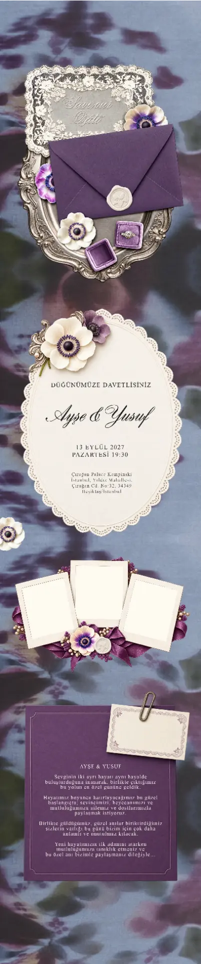 Mor zarf, çiçekler ve dantelli davetiye